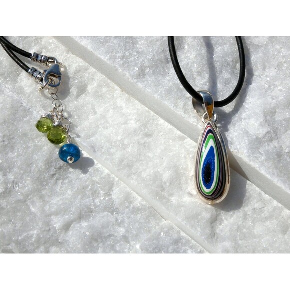 1967 Detroit Agate- Apatite- Peridot- Sterling Silver- Leather Pendant Necklace - Picture 3 of 7